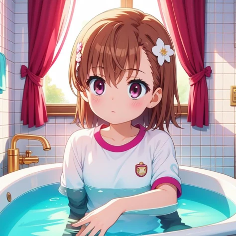 (masterpiece, best quality, detailed:1.5), magenta theme, 1girl, <lora:girllikebathroomwindow:0.8> bathroom window, from side, bathtub filled with water, towel wrap body, curtain, white tile wall BREAK misaka mikoto <lora:misaka-toaru-01:0.8>
