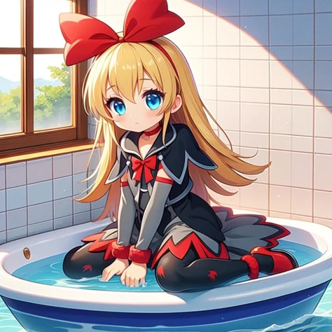 (masterpiece, best quality, detailed:1.5), lightblue theme, 1girl, <lora:girllikebathroomwindow:0.8> bathroom window, from side, bathtub filled with water, towel wrap body, curtain, white tile wall BREAK (regina:1.3) <lora:locon_regina_01:1>, (red ribbon, hair ribbon, blue eyes), blonde hair, long hair, grey skirt, pantyhose, animal print, vest, long sleeves, black capelet, arm warmers, choker, fur, high heels