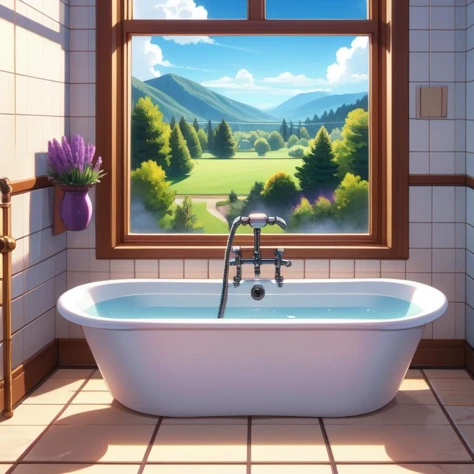 (masterpiece, best quality, detailed:1.5), lavender theme, 1girl, <lora:girllikebathroomwindow:0.8> bathroom window, from side, bathtub filled with water, towel wrap body, curtain, white tile wall BREAK (atramixta:1.3), <lora:AtraMixta:0.8>