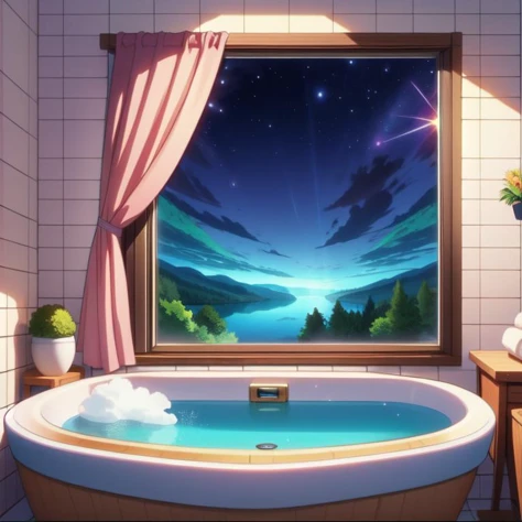 (masterpiece, best quality, detailed:1.5), darkgreen theme, 1girl, <lora:girllikebathroomwindow:0.8> bathroom window, from side, bathtub filled with water, towel wrap body, curtain, white tile wall BREAK (ruri gokou:1.3) <lora:ruri:1>
