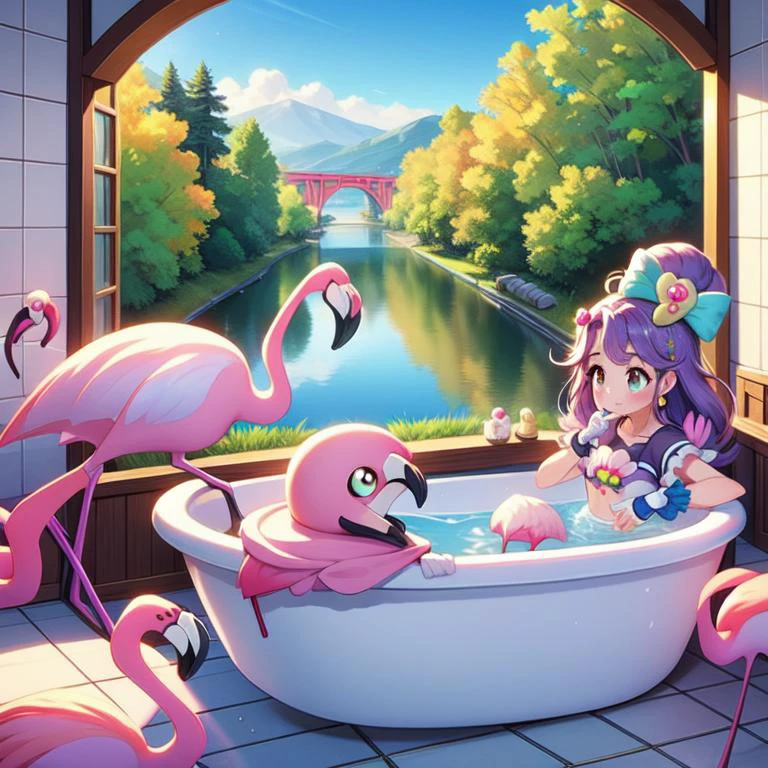 (masterpiece, best quality, detailed:1.5), green theme, 1girl, <lora:girllikebathroomwindow:0.8> bathroom window, from side, bathtub filled with water, towel wrap body, curtain, white tile wall BREAK (cure flamingo:1.3) <lora:locon_cure_flamingo_01:1.0>, multicolored hair, hair ornament, fishnets, red boots, navel, fingerless gloves, single earring, porch