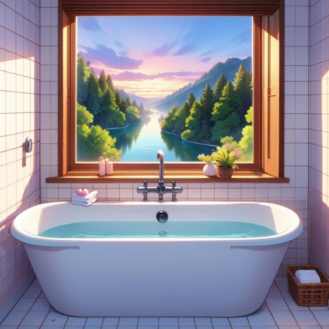 (masterpiece, best quality, detailed:1.5), purple theme, 1girl, <lora:girllikebathroomwindow:0.8> bathroom window, from side, bathtub filled with water, towel wrap body, curtain, white tile wall BREAK (shizuno takakamo:1.3) <lora:shizuno-sakiA:1>