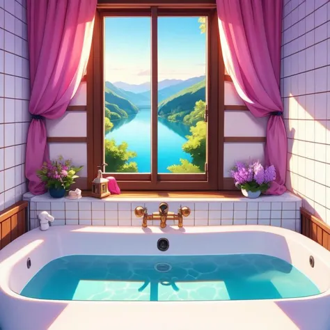 (masterpiece, best quality, detailed:1.5), violet theme, 1girl,  <lora:girllikebathroomwindow:0.8> bathroom window, from side, bathtub filled with water, towel wrap body, curtain, white tile wall BREAK (shinka nibutani:1.3) <lora:nibutani:1>