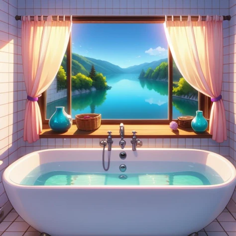 (masterpiece, best quality, detailed:1.5), purple theme, 1girl, <lora:girllikebathroomwindow:0.8> bathroom window, from side, bathtub filled with water, towel wrap body, curtain, white tile wall BREAK (mariacampbell:1.3) <lora:MariaCampbell:1>