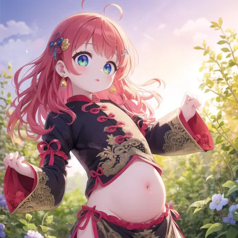 (masterpiece:1.5), (((top quality, best quality, high quality))), ((intricately detailed, ultra-detailed, insanely detailed)), highres, 32K, extremely detailed unity CG 8K wallpaper, (beautiful and aesthetic:1.2),, (depth of field:1.3), (immaculate:1.3), (delicate detailed depiction:1.4), (photorealistic:1.4), (surrealism:1.3),
(((brilliant full natural lighting, luscious vibrant colors))), (ambient volumetric backlighting:1.5),  (illustration of an immensely beautiful woman:1.3),
(upper body:1.4), (perfectly centered:1.4), (natural willowy posture:1.5), (((dynamic pose, cinematic angle))),
(1milf:1.5), (solo:1.4), (exotic dancer:1.4),
beautiful gorgeous face, [(detailed face:1.2):0.2], bright eyes, pureerosface_v1, ulzzang-6500-v1.1,  (closed mouth:1.5), (red lips:1.4), (full lips:1.4),
attractive flawless body, (((pronounced feminine curves))), bright glistening skin, realistic skin, skin pores, (voluptuous:1.5), (((droopy belly, toned belly, navel, groin:1.3))), narrow waist,
(sparkling exquisite transparent:1.3), (explicit chinese clothes:1.5), (ornate glittering cheongsam:1.4), (ornate pelvic curtain:1.5), (((fluttering golden fabricated threads))), (fringed tassels:1.3), (long tight sleeves:1.4), (detached collar), (fabrication glitters:1.5), (luxury intricate clothing jewelries:1.5), (jeweled embroideries:1.4), (clothing sparkles:1.4), (sparkling particles:1.3), (((sagging front seam, sagging hind seam))), (((earrings, armlets, hairclip, hair ornaments))), <lora:å«£ææ¥¼3:0.85>,
(standing alone in an outdoor magical garden decorated with jewelries and gemstones and colorful exotic flowers and bushes:1.5), (outside a grand ancient palace:1.5), (surreal delicate background:1.5), (intricate complex scene:1.5), <lora:detail_slider_v4:1.8>,  <lora:age_slider_v2:-4>,  <lora:naughty_to_nice_v2.5:1.5>