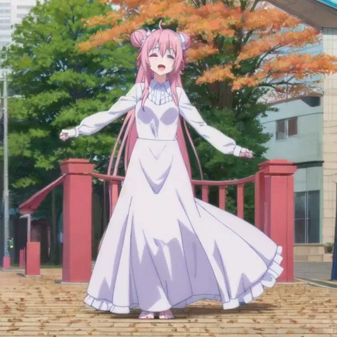 1girl, <lora:sugarlife03:1>, Satou, long pink hair, pink hair buns, red eyes, ahoge, happy, wedding dress with ruffles, full body, autumn, falling leaves