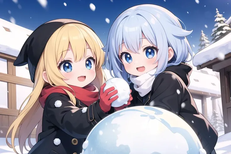 masterpiece, best quality, ultra detailed, anime style, 2girl, young, cute, doing a snowball battle, throwing snow ball, snow walls, playing, having fun, winter clothes, coat, outdoor, snow, winter, warm colors, beautiful face, happy