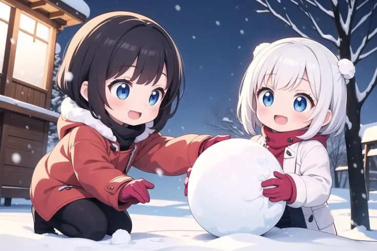 masterpiece, best quality, ultra detailed, anime style, 2girl, young, cute, snow balls, playing with snow, having fun, winter clothes, warm clothes, coat, gloves, outdoor, snow, winter, warm colors, motion, movement, beautiful face, happy