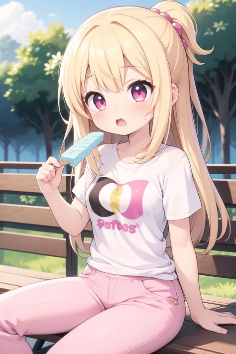 masterpiece, best quality, ultra detailed, anime style, 1girl, medium long hair, light yellow hair, pink eyes, pants, t-shirts, low-cut, (large breasts:0.68), sitting in a park, eating pink ice creams, warm, beautiful face, surprised,