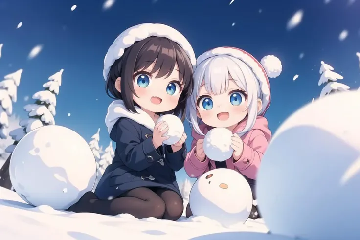 masterpiece, best quality, ultra detailed, anime style, 2girl, young, cute, doing a snowball battle, throwing snow ball, snow walls, winter clothes, coat, outdoor, snow, winter, warm colors, beautiful face, happy