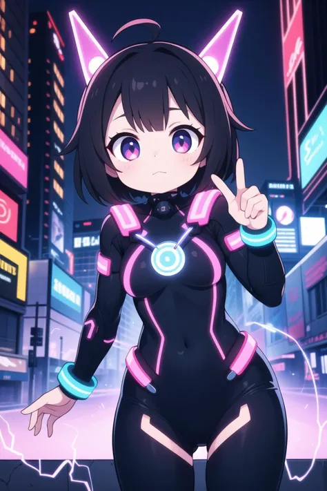 masterpiece, best quality, ultra detailed, anime style, Within a high-tech city, a cute girl commands electricity, sparks cascading along her fingertips. Her cyberpunk-inspired outfit, with circuit-like patterns, resonates with the neon-lit surroundings as she harnesses the energy of the urban landscape