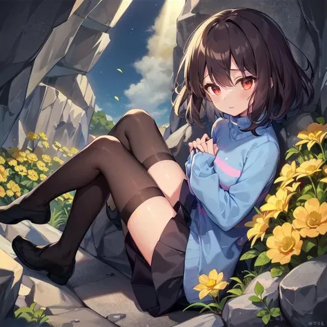 1girl, <lora:Undertale Frisk:.5> Frisk, Undertale, yellow buttercup flowers, cave, god rays, blue sweater, purple stripes, two stripes, red eyes, neutral expression, looking up, dark blue mini skirt, black thigh high socks, full body shot