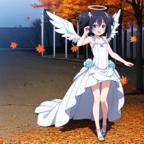 1girl, Shio, short twin tails, dark blue hair, light blue eyes, detailed wedding dress, angel wings, autumn, leaves falling, happy <lora:sugarlifeshio01:1>