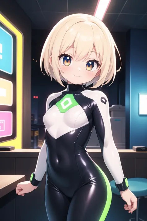 masterpiece, best quality, ultra detailed, anime style, 1girl, young, cute, short hair, platinum blonde hair, chestnut eyes, (large breasts:0.06), rubber suit, tight, colored suit, printed suit, futuristic room, neon light, warm, beautiful face, happy, cowboy shot