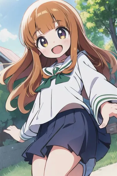 best quality, masterpiece, absurdres,soft light, takebesaori,1girl, green school uniform, looking at viewer, smile, open mouth, <lora:takebesaori-000001:0.7>