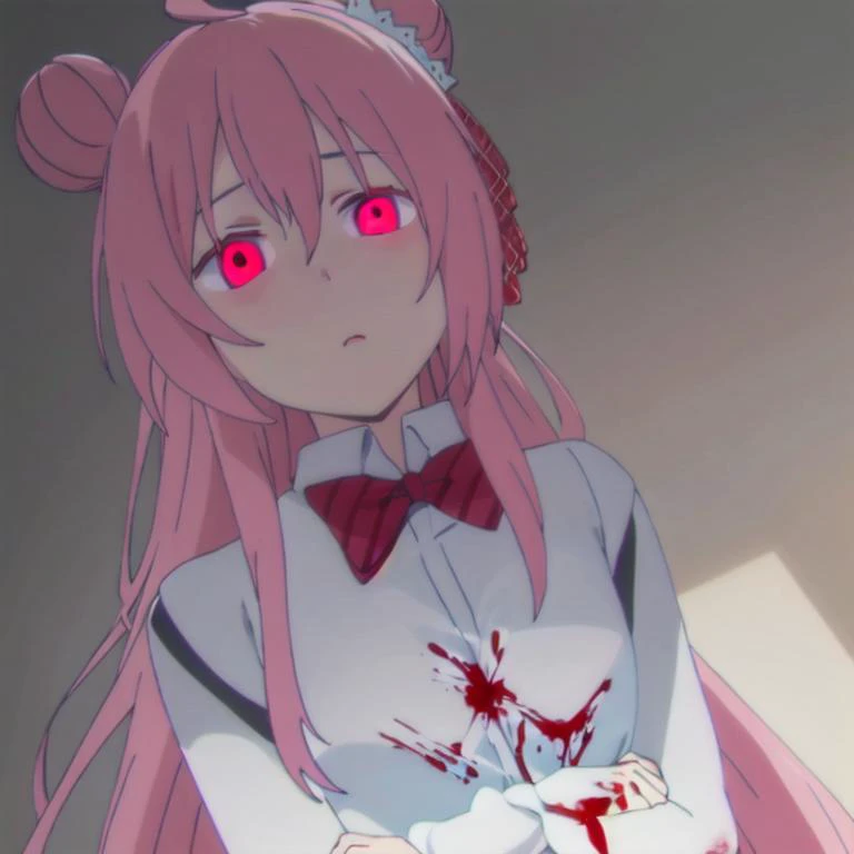 1girl, <lora:sugarlife03:1>, Satou, long pink hair, pink hair buns, red eyes, glowing eyes, tilted head, blood splatter, medium breasts, school uniform, bloody knife on the floor