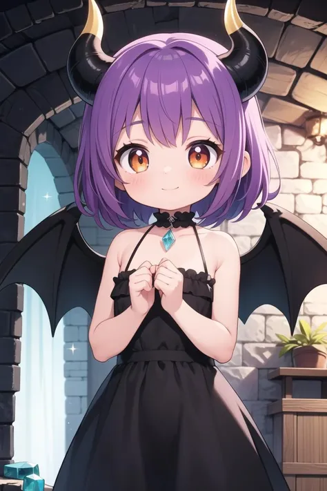 masterpiece, best quality, ultra detailed, anime style, 1girl, young, cute, (tanned skin), medium hair, purple hair, orange eyes, black horns, black wings, (large breasts:0.11), dress, cave, indoor, large cave, crystals, crystals on walls, warm colors, beautiful face, happy