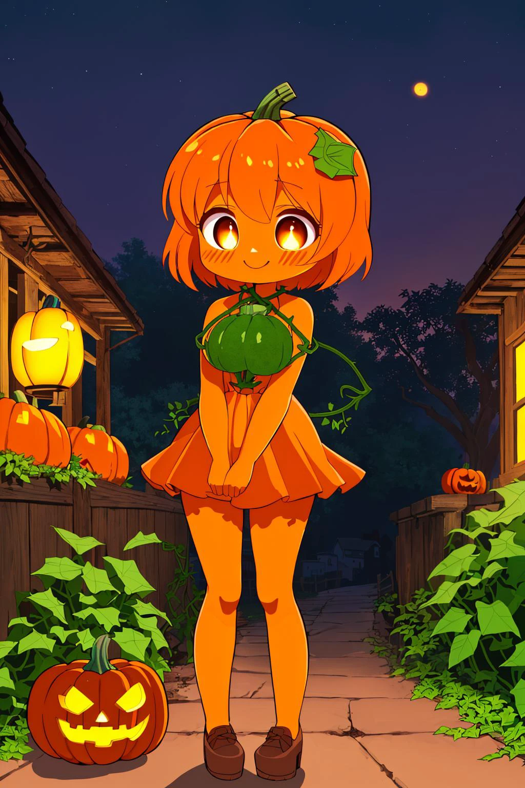 masterpiece, ultra-detailed, best quality, illustration, 8k cg wallpaper, an extremely delicate and beautiful, 1girl, (((anthropomorphic fruit, cartoon character, chibi))), (((fruit girl, pumpkin girl))), standing, (((growing from ground, rooted in ground))), (((orange skin))), cute face, smiling, blushing, shining eyes, deep orange eyes, beautiful detailed eyes, (((pumpkin stem hair, fruit hair, pumpkin hair))), large breasts, (((fruit body, pumpkin body))), (((plant vine arms))), (((plant vine legs))), cute, pretty, beautiful, sexy, (background: rustic small neighborhood, old house, trees, old iron lanterns, night, intricately detailed items in background)