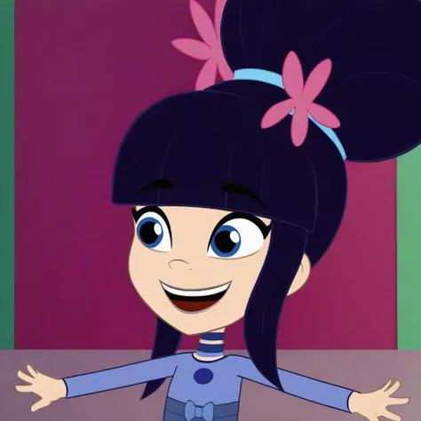 open mouth, blue eyes, teeth, smile, hair flower, hair bun, black hair, blunt bangs, jewelry, choker