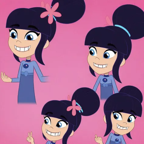black hair, smile, hair bun, single hair bun, pink background, teeth, blue eyes, bangs, style parody, flower