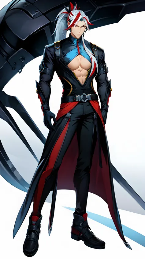 yone, solo, long hair, looking at viewer, gloves, 1boy, ponytail, white hair, grey hair, male focus, red hair, multicolored hair, streaked hair, clothing cutout, cleavage cutout, pectorals, <lora:Heartsleet_Yone-10:0.7>, (best quality), (masterpiece), full body,