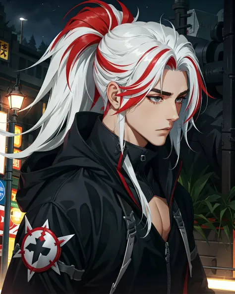 yone, solo, long hair, looking away, gloves, 1boy, ponytail, white hair, grey hair, male focus, red hair, multicolored hair, streaked hair, pectorals, <lora:Heartsleet_Yone:0.7>, (best quality), (masterpiece), dynamic angle, from half side, upper body, hood up, hood, night city, night