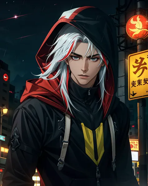 yone, solo, long hair, looking away, gloves, 1boy,  white hair, grey hair, male focus, red hair, multicolored hair,  streaked hair, pectorals,  <lora:Heartsleet_Yone:0.7>, (best quality), (masterpiece), dynamic angle, from half side, upper body, ((hood up, hood, night city, night,deep dark shadow, ramatic lighting,in the dark, light behind)), windblown hair, rain,