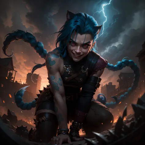 masterpiece, ultra detailed, best quality, sharp, clear, intricate, high-resolution, fine-grained, elaborate, complex, nuanced, richly-detailed,
([a giant rengar fury, roar, powerful|a little JinxLol, smiling <lora:Jinx:1>]:1.3), looking at viewer, thunderhead