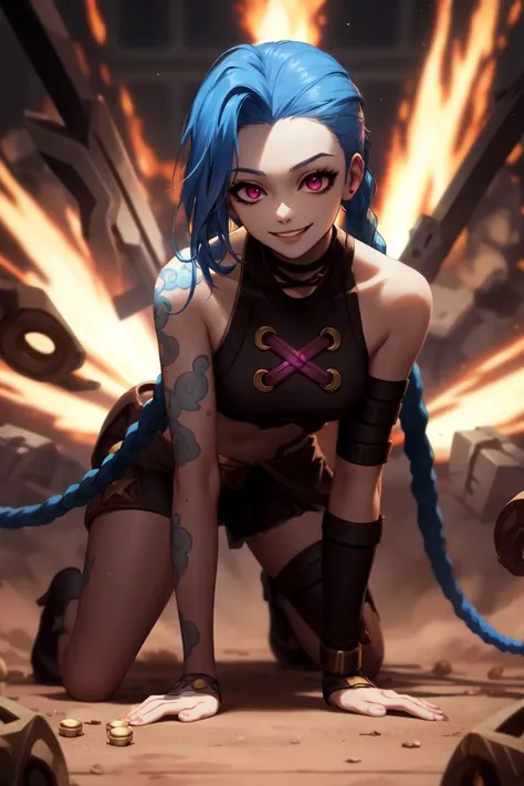 <lora:JinxLol:1>, jinx \(league of legends\), symetrical, explosions,  smile, creepy smile, lots of bullets on the ground