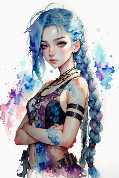watercolor \(medium\),masterpiece, best quality, arms crossed, 1girl,painting of <lora:JinxLol:0.8>, jinxlol, solo ,sfw, intricate background, abstract background, [( in the style of <lora:IrisCompietStyle:0.7>):0.4]