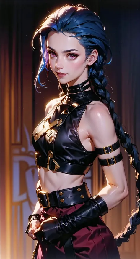 (highres), (masterpiece), (best quality), (sharp focus), (intricate detail), (cinematic lighting), (official art),John Singer Sargent:1.2
BREAK
<lora:JinxLol:1> jinxlol, fingerless gloves, (beautiful detailed background), crop top, belt, dynamic angle, smile, pink eyes