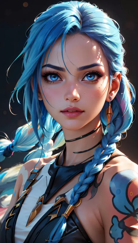 (best quality, masterpiece, colorful, dynamic angle, highest detailed)(Jinx, Legue of Legends, Arcane) upper body professional photo, award winning fashion photography of sexy, intense blue long hair, Jinx <lora:jinxLeagueOfLegends_v10:1>, Legue of Legends, Arcane, flirting, bokeh, (intricate details, hyperdetailed:1.15), detailed, sunlight passing through hair (official art, colorful background, extreme detailed, highest detailed, natural skin texture, hyperrealism, soft light, sharp, perfect face),