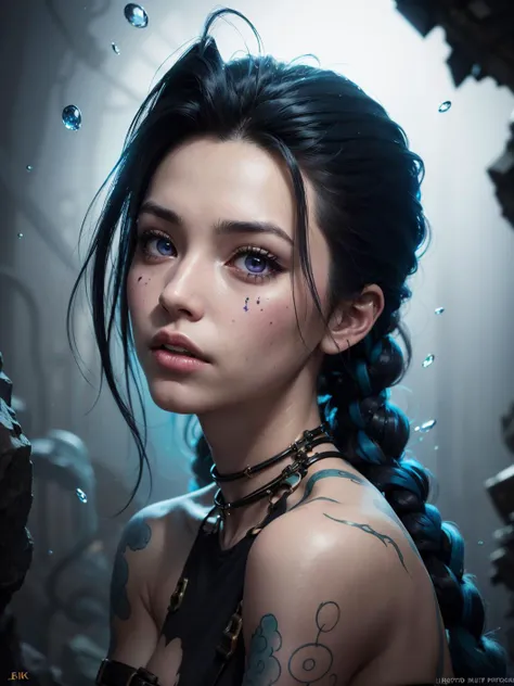 20 years old, (realistic:1.5), (masterpiece, Extremely detailed CG unity 8k, best quality, highres:1.2), (ultra_detailed, UHD:1.2), (pixiv:1.3), perfect illumination, distinct, 1girl, (looking at viewer:1.2), unreal engine, side lighting, perfect face, detailed face, perfect body, beautiful eyes, pretty face, <lora:jinxlol.z1tz:1>, (thick thighs:1.1), (jinxlol:1.3), (jinx \(league of legends\):1.2), <lora:shinyoiledskin_v1:0.3>, steampunk, <lora:badhandsv5-neg:1>, (portrait:1.4), (under water:1.3), ocean, (black hair:1.3) , Asian-Less