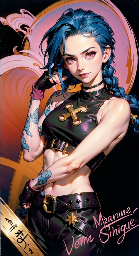 (highres), (masterpiece), (best quality), (sharp focus), (intricate detail), (cinematic lighting), (official art),John Singer Sargent:1.2
BREAK
<lora:JinxLol:1> jinxlol, fingerless gloves, (beautiful detailed background), crop top, belt, dynamic angle, smile, pink eyes, graffiti