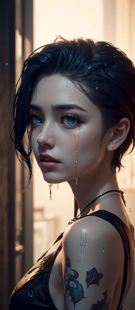 cinematic film still of wet haired girl, blue eyes, fear of the dark, realistic, <lora:jinxlol.z1tz:1>, jinx, league of legends, (sidecut short hair:1.5), (black hair:1.2), crying, (streaming tears:1.2),
