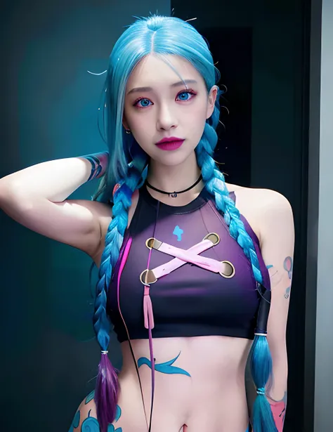 highres, absurdres, best quality, high quality, masterpiece, 1girl, glowing eyes, pink eyes, blue hair, long hair, twin braids, jinx \(league of legends\), jinxlol, arm tattoo, crop top, medium breasts, arms behind back,
<lora:JapaneseDollLikeness_verB:0.3> <lora:koreanDollLikeness_v15:0.3> <lora:TaiwanDoll:0.4> <lora:JinxLol:1>