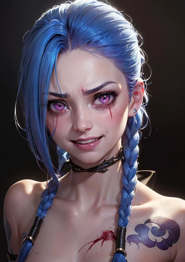 analog style, model shoot style, RAW (close portrait:1.4) of (JinxLol:1.1), centered face, 1girl, (shiny pink eyes:1.7, blue hair), (shiny body), (hands off camera), looking at viewer,
((evil:1.3, bow one's head:1.3, night:1.3, scared:1.3, horrified:1.3, constricted pupils:1.7, crazy smile:1.6)), medium breasts, arm tattoo, stomach tattoo, (blood on face:1.5),
best quality, epic (by lee jeffries photo, sony a7, 50 mm, pores:1.5, colors, hyperdetailed:1.5, film grain:1.4,
hyperrealistic: 1.5), hyper-realistic lifelike texture, masterpiece, unreal engine 5, Extremely detailed CG unity 8k wallpaper, realistic eyes,
Madly detailed photo, (ecstasy of light and shadow, deep shadow), (Winner of the Pulitzer Prize for Photography and Taylor Wessing Photographic Prize) <lora:JinxLol:1>