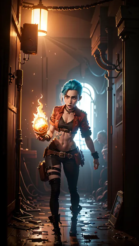 ((Best quality)), ((masterpiece)), (highly detailed:1.3), 3D, arcane style,In the dark and gritty dystopian city Piltover, plagued by violence and divided into two opposing factions, a young prodigy named Jinx emerges. Having endured unimaginable loss and abandonment, she has embraced a life of chaos and destruction. Known for her inventive and explosive abilities, Jinx becomes an icon of rebellion against the oppressive forces controlling the city. However, haunted by guilt and battling inner demons, she must confront her past and decide whether to continue down the path of anarchy or seek redemption amidst the turmoil. Explore the journey of Jinx as she navigates a treacherous world, fighting for survival, unraveling secrets, and discovering the true meaning of her twisted existencechaos reigns supreme, and at the heart of it all is Jinx, the embodiment of unpredictability. Delve deep into the twisted mind of Jinx, exploring the origins of her madness and the driving force behind her destructive nature. Unveil the moments that shaped her into the deranged and iconic character we know. Take us on a wild journey through the vibrant streets of Piltover and the grim underbelly of Zaun as Jinx wreaks havoc with her explosive arsenal. Can redemption ever find its way into Jinx's fractured soul? Or will she forever dance on the edge of sanity, embracing the chaos that fuels her very existence? The fate of Arcane hangs in the balance as Jinx's path intertwines with unlikely allies and formidable foes. Ignite your imagination and paint a vivid portrait of Jinx's twisted psyche, capturing the essence of her madness and the untamed spirit that defines her,HDR (High Dynamic Range),Ray Tracing,NVIDIA RTX,Super-Resolution,Unreal 5,Subsurface scattering,PBR Texturing,Post-processing,Anisotropic Filtering,Depth-of-field,Maximum clarity and sharpness,Multi-layered textures,Albedo and Specular maps,Surface shading,Accurate simulation of light-material interaction,Perfect proportions,Octane Render,Two-tone lighting,Low ISO,White balance,Rule of thirds,Wide aperature,8K RAW,Efficient Sub-Pixel,sub-pixel convolution,luminescent particles <lora:arcane_offset:0.9> <lora:JinxLol:0.5>