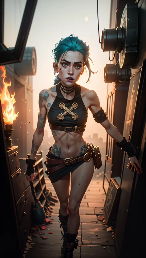 ((Best quality)), ((masterpiece)), (highly detailed:1.3), 3D, arcane style,In the dark and gritty dystopian city Piltover, plagued by violence and divided into two opposing factions, a young prodigy named Jinx emerges. Having endured unimaginable loss and abandonment, she has embraced a life of chaos and destruction. Known for her inventive and explosive abilities, Jinx becomes an icon of rebellion against the oppressive forces controlling the city. However, haunted by guilt and battling inner demons, she must confront her past and decide whether to continue down the path of anarchy or seek redemption amidst the turmoil. Explore the journey of Jinx as she navigates a treacherous world, fighting for survival, unraveling secrets, and discovering the true meaning of her twisted existencechaos reigns supreme, and at the heart of it all is Jinx, the embodiment of unpredictability. Delve deep into the twisted mind of Jinx, exploring the origins of her madness and the driving force behind her destructive nature. Unveil the moments that shaped her into the deranged and iconic character we know. Take us on a wild journey through the vibrant streets of Piltover and the grim underbelly of Zaun as Jinx wreaks havoc with her explosive arsenal. Can redemption ever find its way into Jinx's fractured soul? Or will she forever dance on the edge of sanity, embracing the chaos that fuels her very existence? The fate of Arcane hangs in the balance as Jinx's path intertwines with unlikely allies and formidable foes. Ignite your imagination and paint a vivid portrait of Jinx's twisted psyche, capturing the essence of her madness and the untamed spirit that defines her,HDR (High Dynamic Range),Ray Tracing,NVIDIA RTX,Super-Resolution,Unreal 5,Subsurface scattering,PBR Texturing,Post-processing,Anisotropic Filtering,Depth-of-field,Maximum clarity and sharpness,Multi-layered textures,Albedo and Specular maps,Surface shading,Accurate simulation of light-material interaction,Perfect proportions,Octane Render,Two-tone lighting,Low ISO,White balance,Rule of thirds,Wide aperature,8K RAW,Efficient Sub-Pixel,sub-pixel convolution,luminescent particles <lora:arcane_offset:0.9> <lora:JinxLol:0.5>