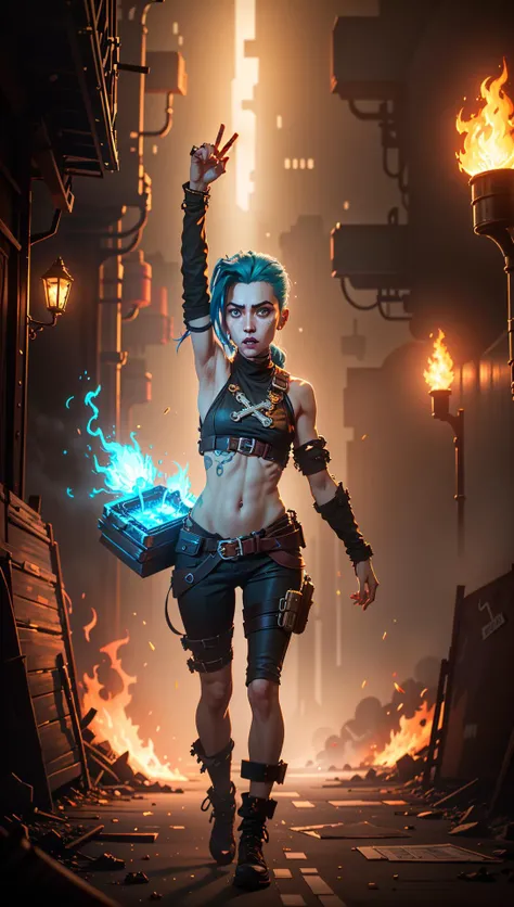 ((Best quality)), ((masterpiece)), (highly detailed:1.3), 3D, arcane style,In the dark and gritty dystopian city Piltover, plagued by violence and divided into two opposing factions, a young prodigy named Jinx emerges. Having endured unimaginable loss and abandonment, she has embraced a life of chaos and destruction. Known for her inventive and explosive abilities, Jinx becomes an icon of rebellion against the oppressive forces controlling the city. However, haunted by guilt and battling inner demons, she must confront her past and decide whether to continue down the path of anarchy or seek redemption amidst the turmoil. Explore the journey of Jinx as she navigates a treacherous world, fighting for survival, unraveling secrets, and discovering the true meaning of her twisted existencechaos reigns supreme, and at the heart of it all is Jinx, the embodiment of unpredictability. Delve deep into the twisted mind of Jinx, exploring the origins of her madness and the driving force behind her destructive nature. Unveil the moments that shaped her into the deranged and iconic character we know. Take us on a wild journey through the vibrant streets of Piltover and the grim underbelly of Zaun as Jinx wreaks havoc with her explosive arsenal. Can redemption ever find its way into Jinx's fractured soul? Or will she forever dance on the edge of sanity, embracing the chaos that fuels her very existence? The fate of Arcane hangs in the balance as Jinx's path intertwines with unlikely allies and formidable foes. Ignite your imagination and paint a vivid portrait of Jinx's twisted psyche, capturing the essence of her madness and the untamed spirit that defines her,HDR (High Dynamic Range),Ray Tracing,NVIDIA RTX,Super-Resolution,Unreal 5,Subsurface scattering,PBR Texturing,Post-processing,Anisotropic Filtering,Depth-of-field,Maximum clarity and sharpness,Multi-layered textures,Albedo and Specular maps,Surface shading,Accurate simulation of light-material interaction,Perfect proportions,Octane Render,Two-tone lighting,Low ISO,White balance,Rule of thirds,Wide aperature,8K RAW,Efficient Sub-Pixel,sub-pixel convolution,luminescent particles <lora:arcane_offset:0.9> <lora:JinxLol:0.5>