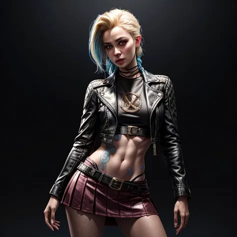 Female, short blond hair, wearing small leather jacket that does not cover stomach, wearing short skirt, 8k, FS, radiant colors, 3d sculpture, micro details, smooth, art by artgerm, greg rutkowski and alphonse mucha, by hajime sorayama and boris vallejo, elegant, intricate, beautiful, ultra-realistic, (black background), (( <lora:more_details:1>)). (( <lora:JinxLol:1>)), (JinxLoL), (1girl)
