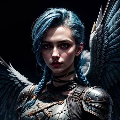 (black background), (( <lora:more_details:1>)). (( <lora:JinxLol:1>)), (JinxLoL), (1girl), Female archangel in divine armour of a knight with huge wings made of smooth feathers with clouds in the background + neoclassical style, erwin olaf style. Full-length portrait on dark background with dramatic light, ultra-realistic + hyper-realistic + unrealistic 5 engine + highly detailed rendering + octane + cinematic lightning