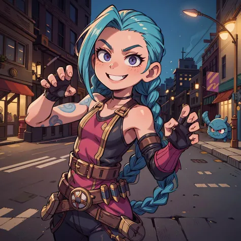 ((best quality, masterpiece)), ((style-swirlmagic):0.05), smiling, evil,
1girl, ((claw pose)), long thin twin braids, gloves, fingerless gloves, belts, bullets,   outdoor, ((city, street):1.2), 
<lora:more_details:0.5>,   <lora:JinxLol:1>