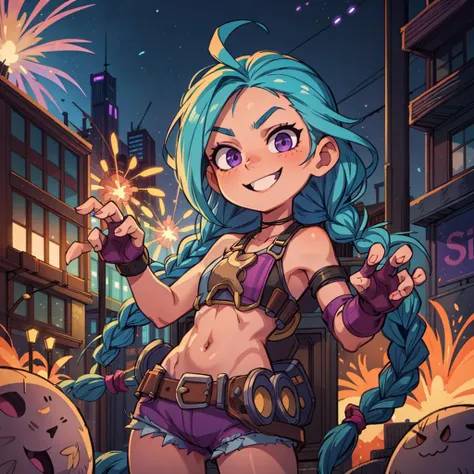 ((best quality, masterpiece)), ((style-swirlmagic):0.25), smiling, evil,
1girl, ((claw pose)), long thin twin braids, cyan hair, gloves, fingerless gloves, belts, bullets, short shorts, outdoor, ((city, street):1.2), explosion on background, purple and cyan fireworks on background,
<lora:more_details:0.5>, <lora:JinxLol:1>