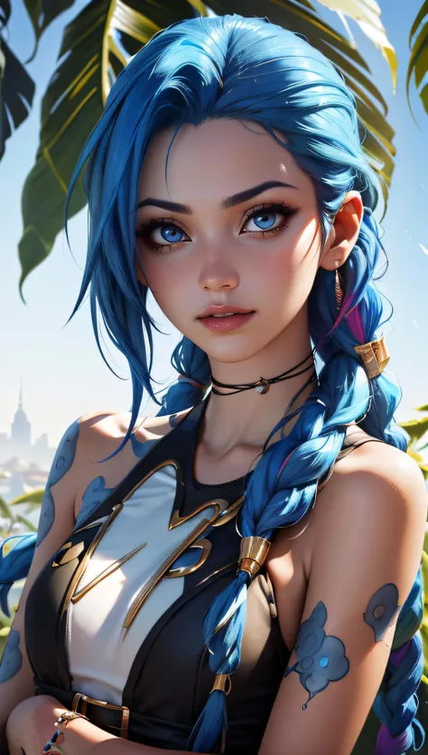 (best quality, masterpiece, colorful, dynamic angle, highest detailed)(Jinx, Legue of Legends, Arcane) upper body professional photo, award winning fashion photography of sexy, intense blue long hair, Jinx  <lora:jinxLeagueOfLegends_v10:1>, Legue of Legends, Arcane, flirting, bokeh, (intricate details, hyperdetailed:1.15), detailed, sunlight passing through hair (official art, colorful background, extreme detailed, highest detailed),