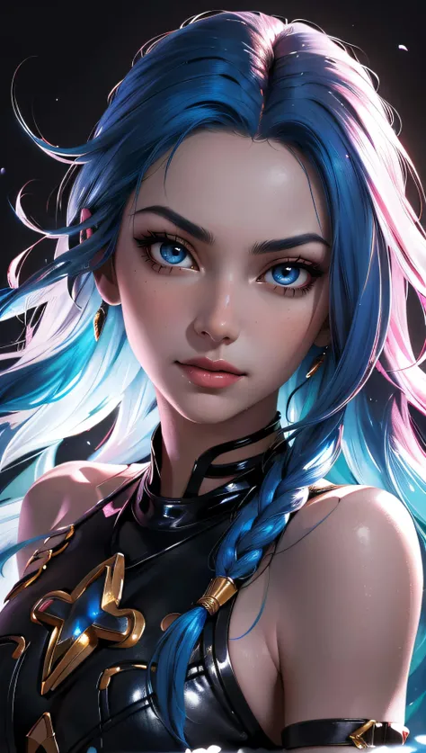 (best quality, masterpiece, perfect face, colorful, dynamic angle, highest detailed face)(Jinx, Legue of Legends, Arcane) upper body, professional photo, award winning fashion photography of sexy, intense blue long hair, Jinx  <lora:jinxLeagueOfLegends_v10:1>, Legue of Legends, Arcane, bokeh, (intricate details, hyperdetailed:1.15), detailed, sunlight passing through hair (high contrast, official art, monchrome colorful background, extreme detailed, highest detailed),