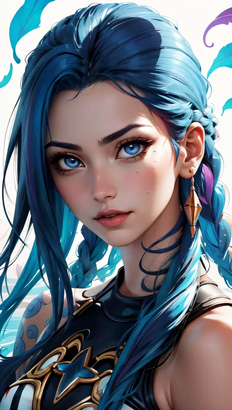 (best quality, masterpiece, perfect face, colorful, dynamic angle, highest detailed face)(Jinx, Legue of Legends, Arcane) upper body, professional photo, award winning fashion photography of sexy, intense blue long hair, Jinx <lora:jinxLeagueOfLegends_v10:1>, Legue of Legends, Arcane, bokeh, (intricate details, hyperdetailed:1.15), detailed, sunlight passing through hair (high contrast, official art, monchrome colorful background, extreme detailed, highest detailed),