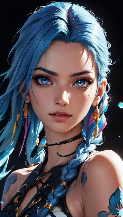 (best quality, masterpiece, perfect face, colorful, dynamic angle, highest detailed face)(Jinx, Legue of Legends, Arcane) upper body, professional photo, award winning fashion photography of sexy, intense blue long hair, Jinx <lora:jinxLeagueOfLegends_v10:1>, Legue of Legends, Arcane, bokeh, (intricate details, hyperdetailed:1.15), detailed, sunlight passing through hair (high contrast, official art, monchrome colorful background, extreme detailed, highest detailed),
