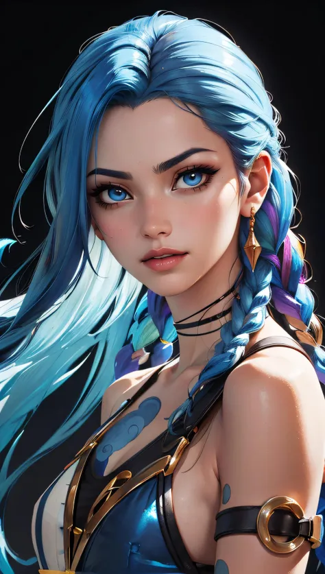 (best quality, masterpiece, perfect face, colorful, dynamic angle, highest detailed face)(Jinx, Legue of Legends, Arcane) upper body, professional photo, award winning fashion photography of sexy, intense blue long hair, Jinx <lora:jinxLeagueOfLegends_v10:1>, Legue of Legends, Arcane, bokeh, (intricate details, hyperdetailed:1.15), detailed, sunlight passing through hair (high contrast, official art, monchrome colorful background, extreme detailed, highest detailed),
