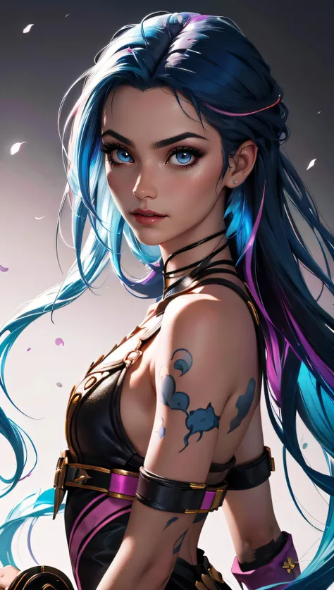 (best quality, masterpiece, perfect face, colorful, dynamic angle, highest detailed face)(Jinx, Legue of Legends, Arcane) upper body, professional photo, award winning fashion photography of sexy, intense blue long hair, Jinx <lora:jinxLeagueOfLegends_v10:1>, Legue of Legends, Arcane, bokeh, (intricate details, hyperdetailed:1.15), detailed, sunlight passing through hair (high contrast, official art, monchrome colorful background, extreme detailed, highest detailed),